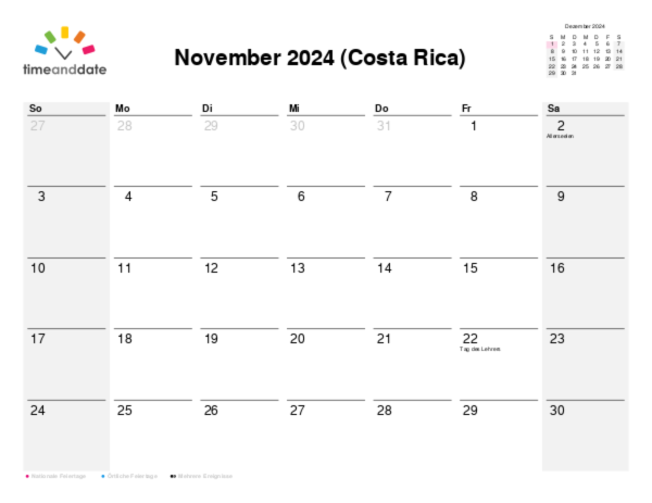 Kalender für 2024 in Costa Rica