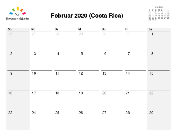 Kalender für 2020 in Costa Rica
