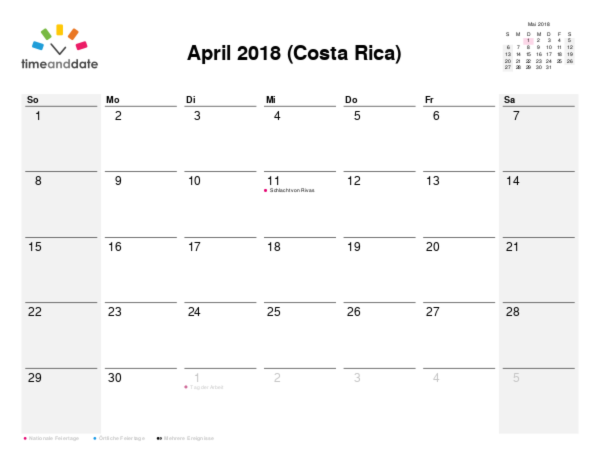 Kalender für 2018 in Costa Rica