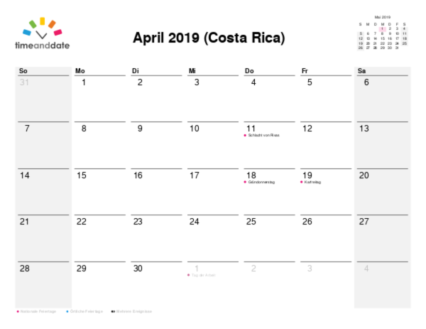 Kalender für 2019 in Costa Rica