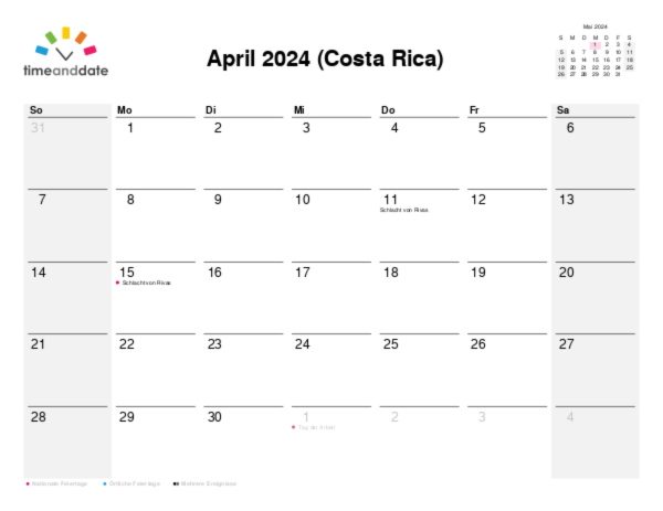 Kalender für 2024 in Costa Rica