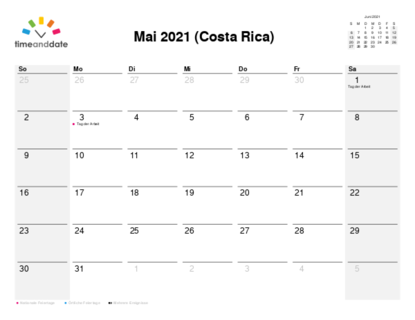 Kalender für 2021 in Costa Rica