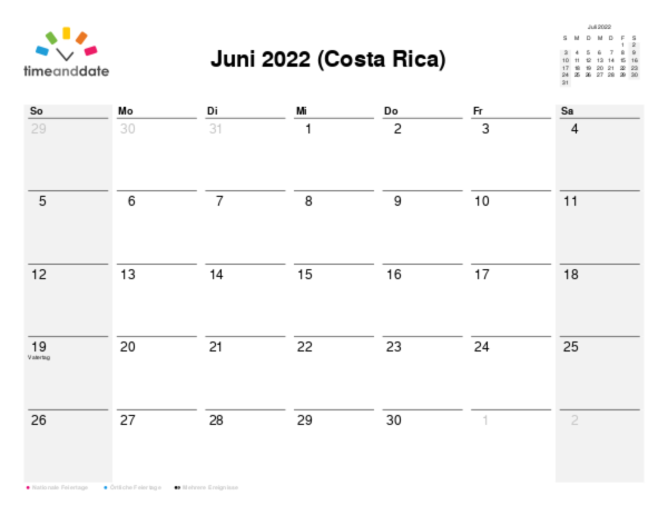 Kalender für 2022 in Costa Rica