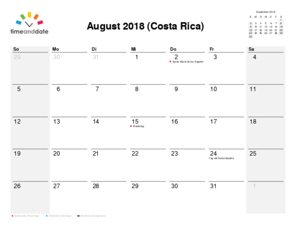 Kalender für 2018 in Costa Rica