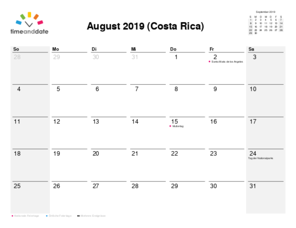 Kalender für 2019 in Costa Rica