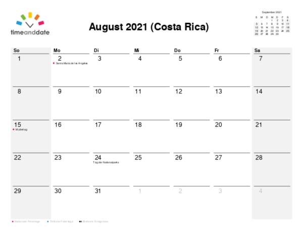 Kalender für 2021 in Costa Rica