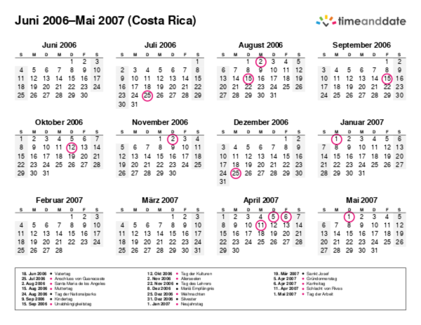 Kalender für 2006 in Costa Rica