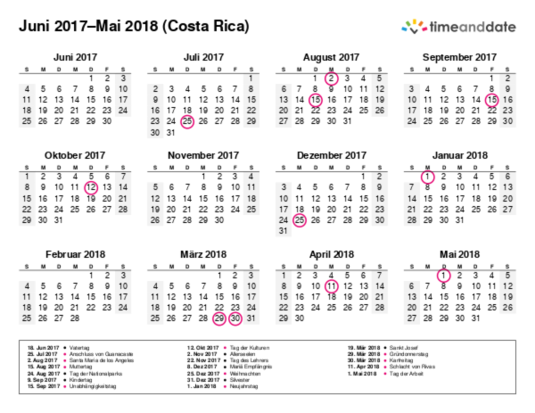 Kalender für 2017 in Costa Rica