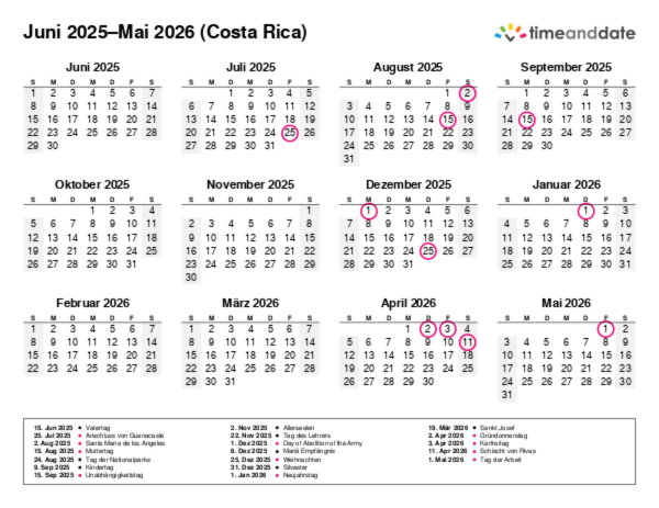 Kalender für 2025 in Costa Rica