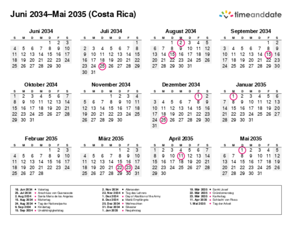 Kalender für 2034 in Costa Rica