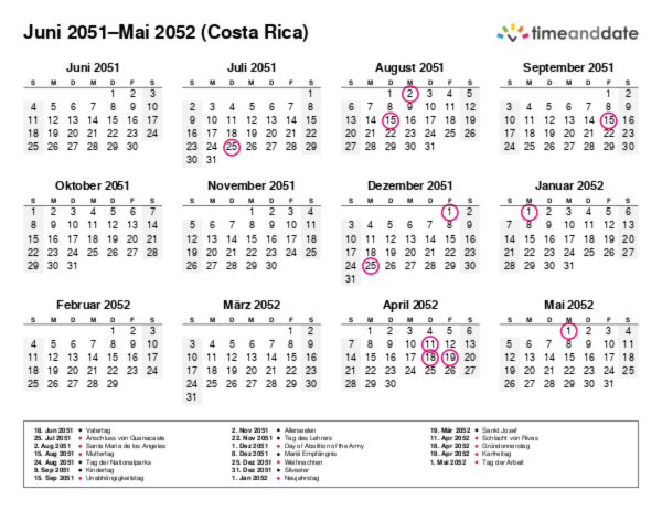 Kalender für 2051 in Costa Rica