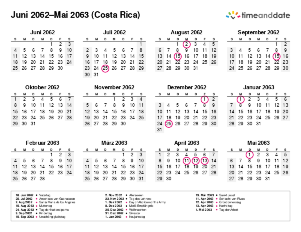 Kalender für 2062 in Costa Rica