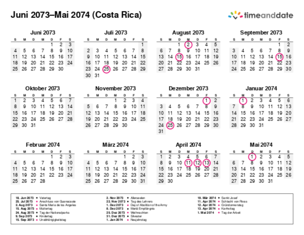 Kalender für 2073 in Costa Rica