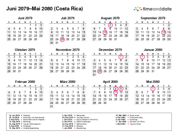 Kalender für 2079 in Costa Rica