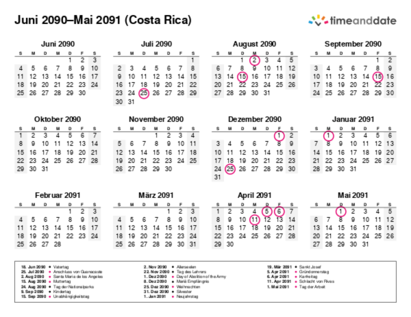 Kalender für 2090 in Costa Rica