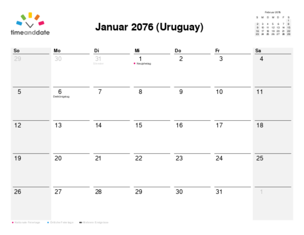 Kalender für 2076 in Uruguay