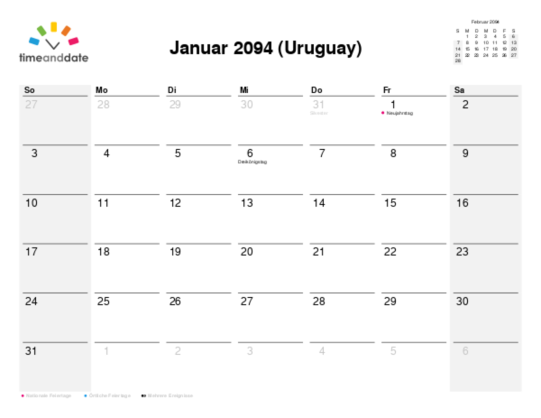 Kalender für 2094 in Uruguay