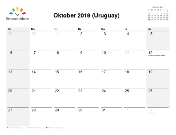 Kalender für 2019 in Uruguay