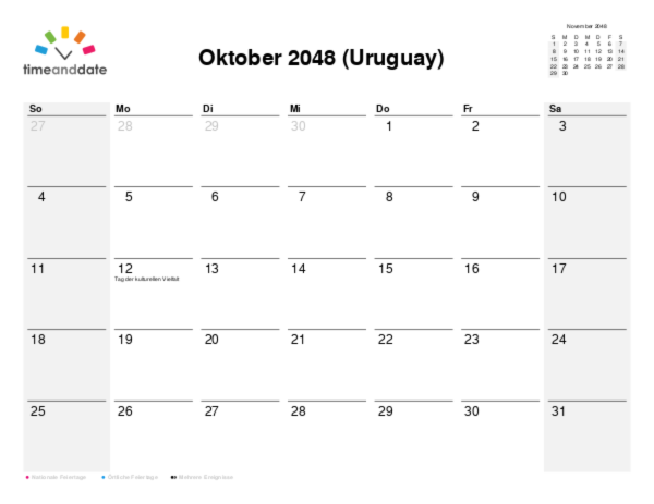 Kalender für 2048 in Uruguay