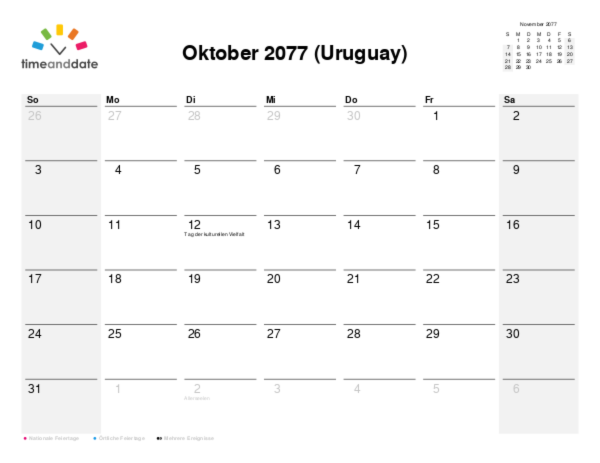Kalender für 2077 in Uruguay
