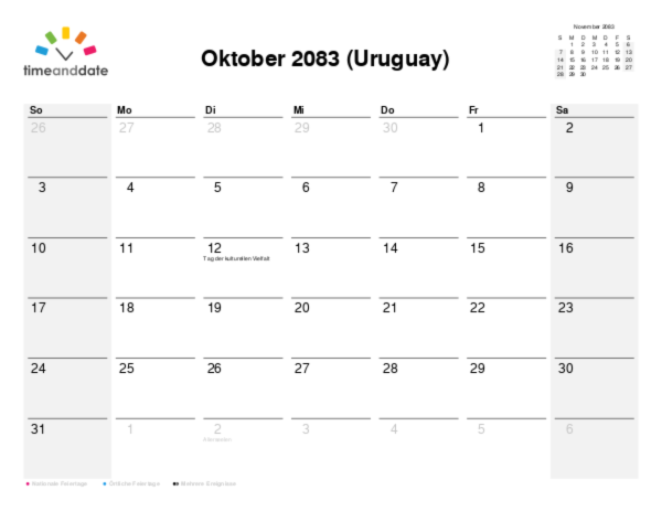 Kalender für 2083 in Uruguay