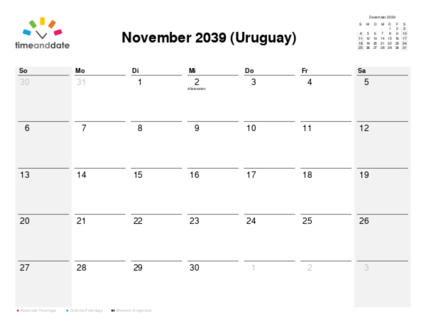 Kalender für 2039 in Uruguay