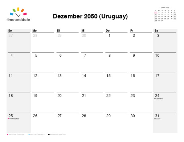 Kalender für 2050 in Uruguay