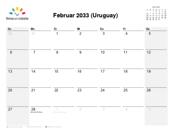 Kalender für 2033 in Uruguay