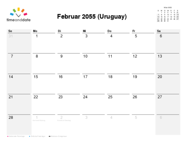 Kalender für 2055 in Uruguay