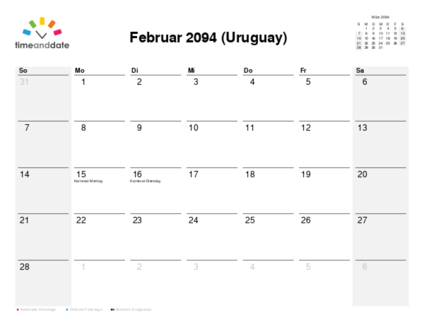 Kalender für 2094 in Uruguay