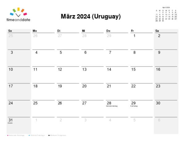 Kalender für 2024 in Uruguay