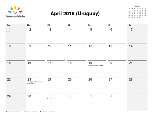 Kalender für 2018 in Uruguay