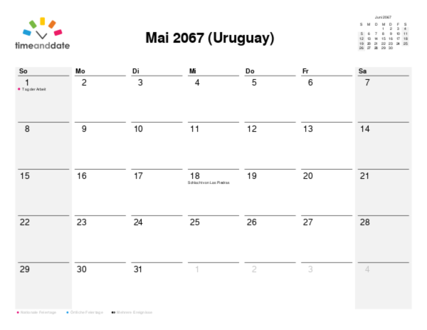 Kalender für 2067 in Uruguay