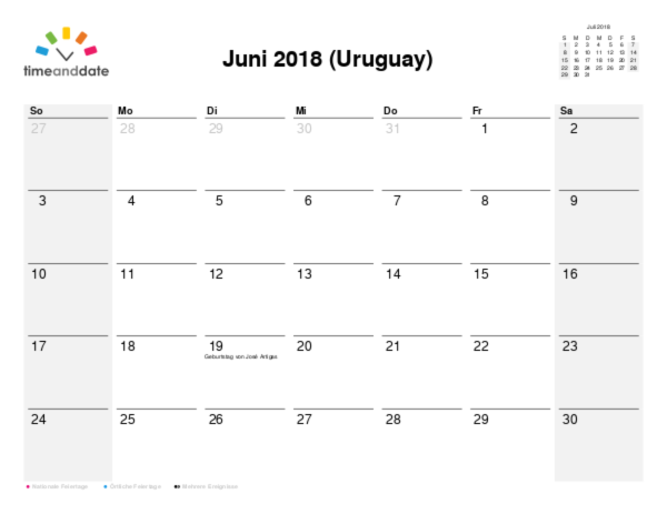 Kalender für 2018 in Uruguay