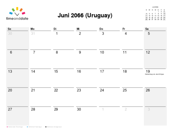 Kalender für 2066 in Uruguay