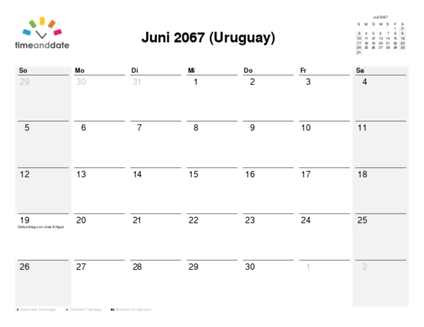 Kalender für 2067 in Uruguay