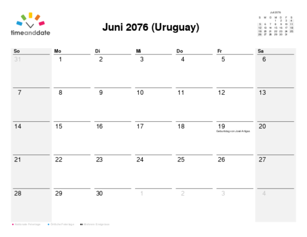 Kalender für 2076 in Uruguay