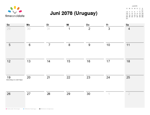 Kalender für 2078 in Uruguay