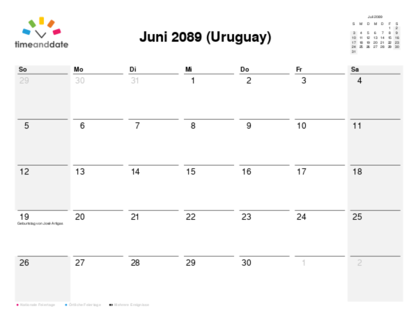 Kalender für 2089 in Uruguay