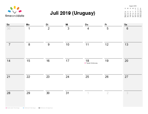 Kalender für 2019 in Uruguay