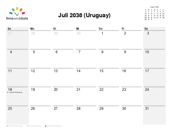 Kalender für 2038 in Uruguay