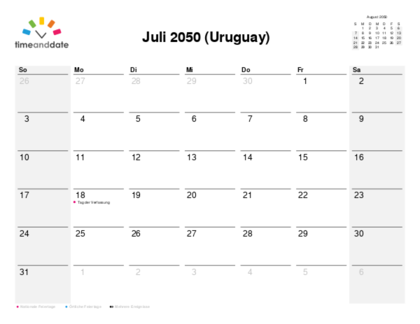 Kalender für 2050 in Uruguay