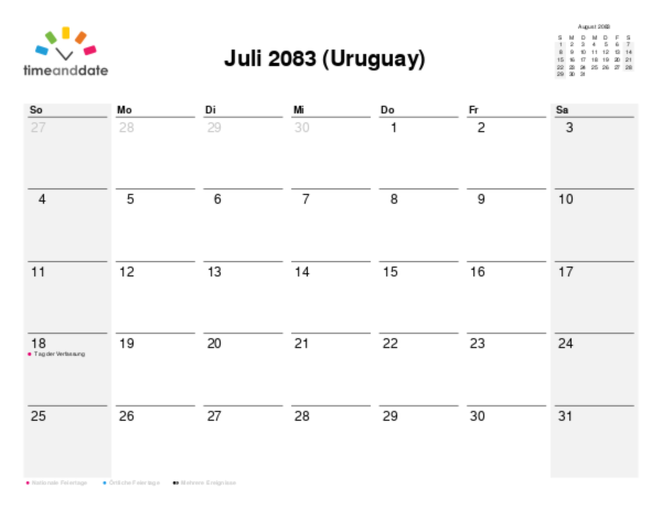 Kalender für 2083 in Uruguay