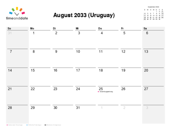 Kalender für 2033 in Uruguay
