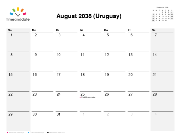 Kalender für 2038 in Uruguay