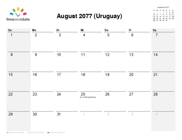 Kalender für 2077 in Uruguay