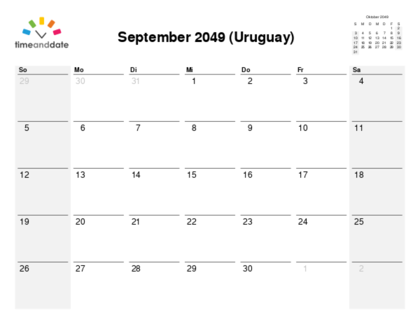 Kalender für 2049 in Uruguay