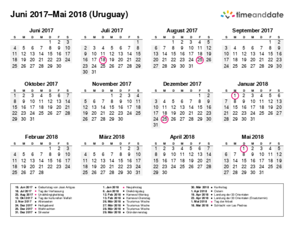 Kalender für 2017 in Uruguay