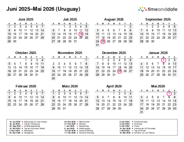 Kalender für 2025 in Uruguay