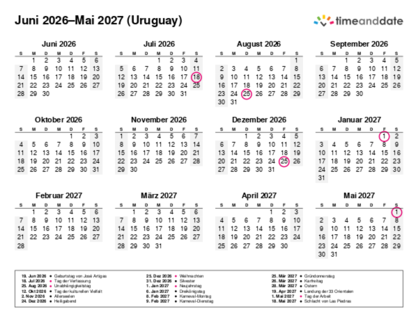 Kalender für 2026 in Uruguay
